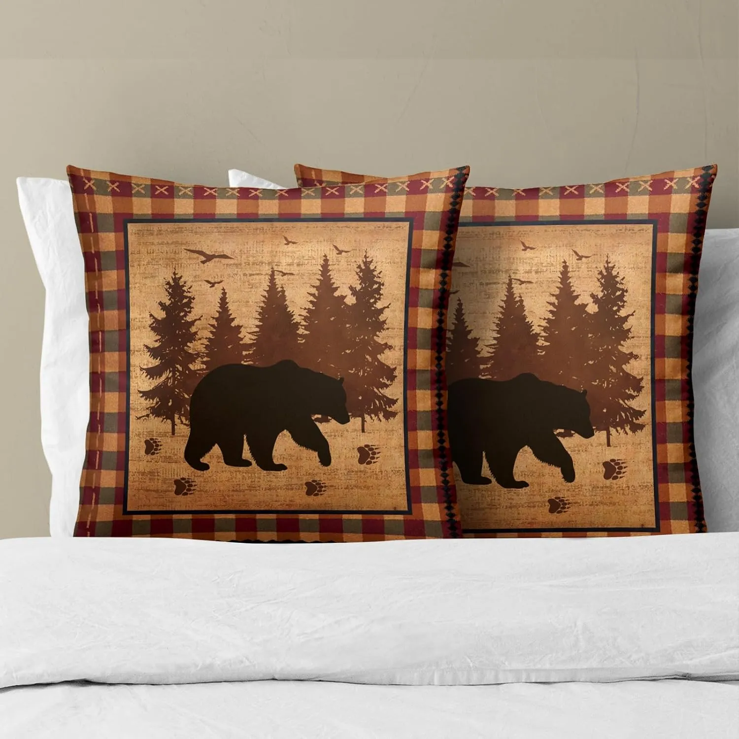 Imiss Bear Throw Pillow Covers 18x18 Inch Set of 2 Forest Cabin Nature Wildlife Square Pillowcase Buffalo Plaid Decorative Cushion Cover for Outdoor Sofa Bedroom Car