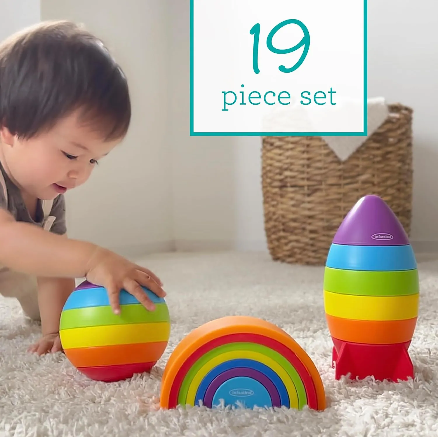 Infantino Imagination Stackers Playset, Rainbow Stacker, Rocket Stacker, Ball Stacker for Babies 12M , 3-Style Set, 19 Pieces
