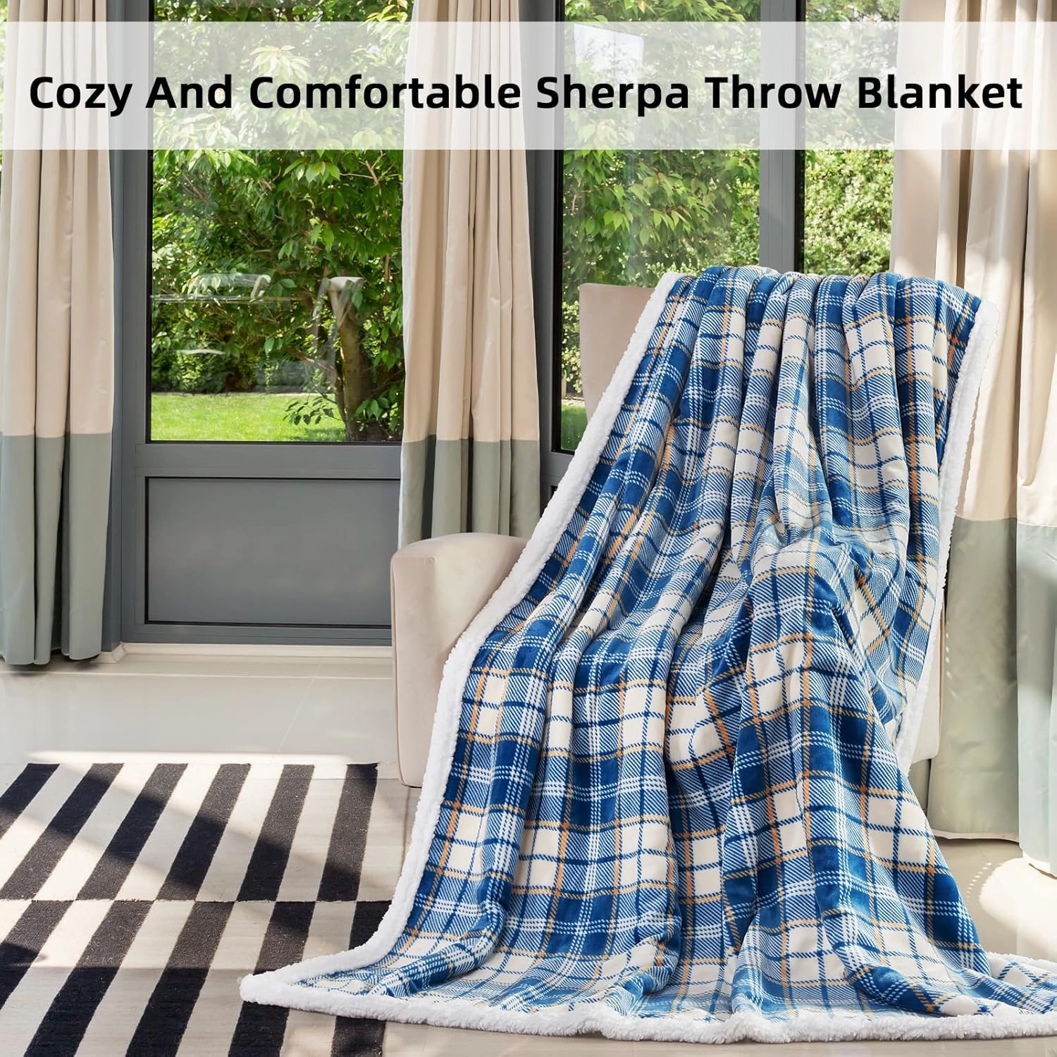 inhand Sherpa Throw Blanket Reversible Navy Blue Plaid Checkered Boho Chic Flannel Fleece Blankets for Couch, Bed, Sofa, Plush Blankets and Throws for Adults, Women, Men (Navy Blue, 50”x 60”)