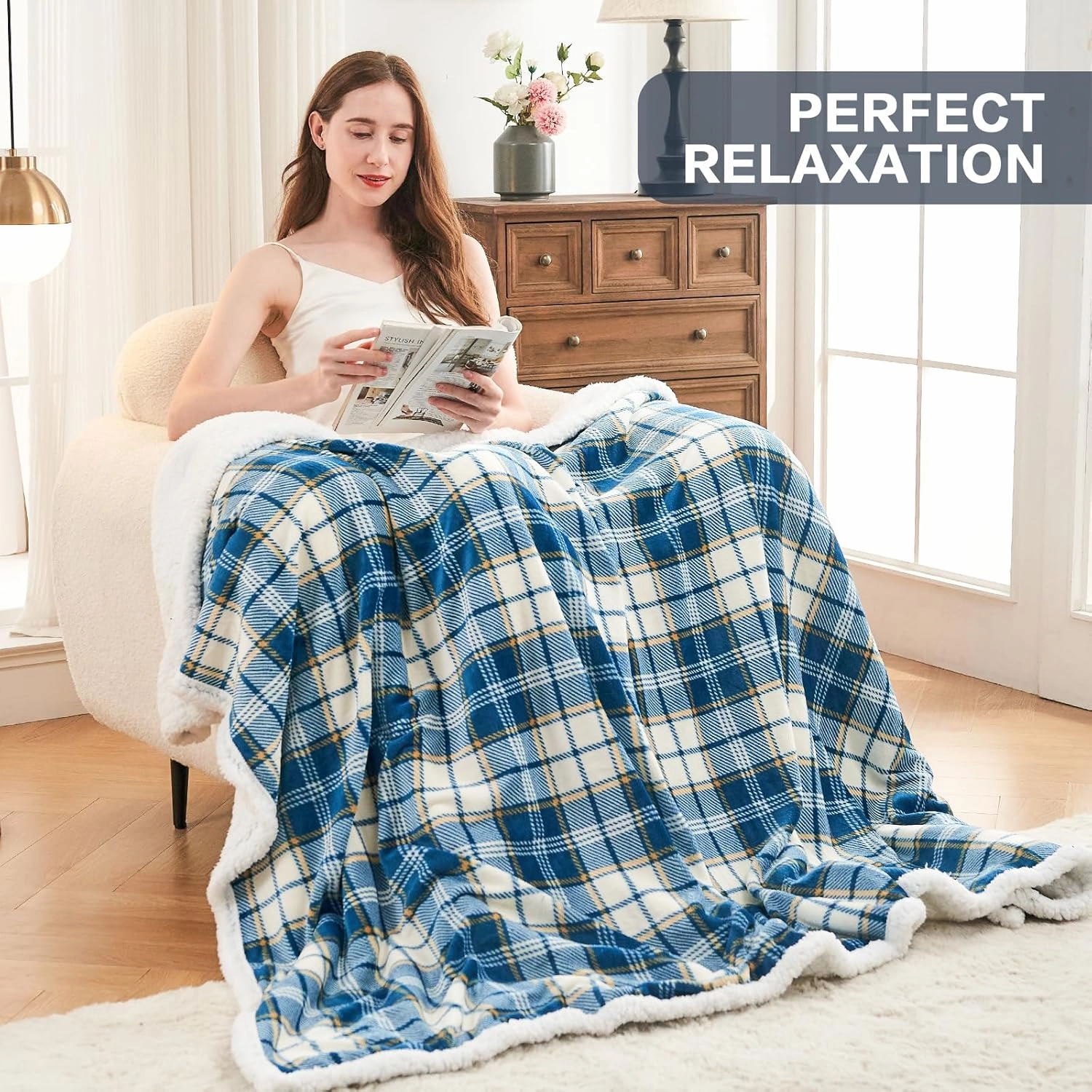 inhand Sherpa Throw Blanket Reversible Navy Blue Plaid Checkered Boho Chic Flannel Fleece Blankets for Couch, Bed, Sofa, Plush Blankets and Throws for Adults, Women, Men (Navy Blue, 50”x 60”)