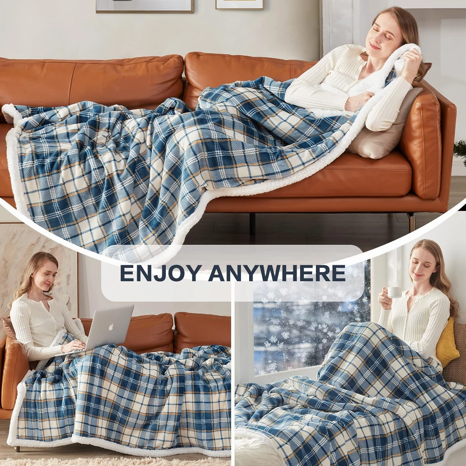 inhand Sherpa Throw Blanket Reversible Navy Blue Plaid Checkered Boho Chic Flannel Fleece Blankets for Couch, Bed, Sofa, Plush Blankets and Throws for Adults, Women, Men (Navy Blue, 50”x 60”)