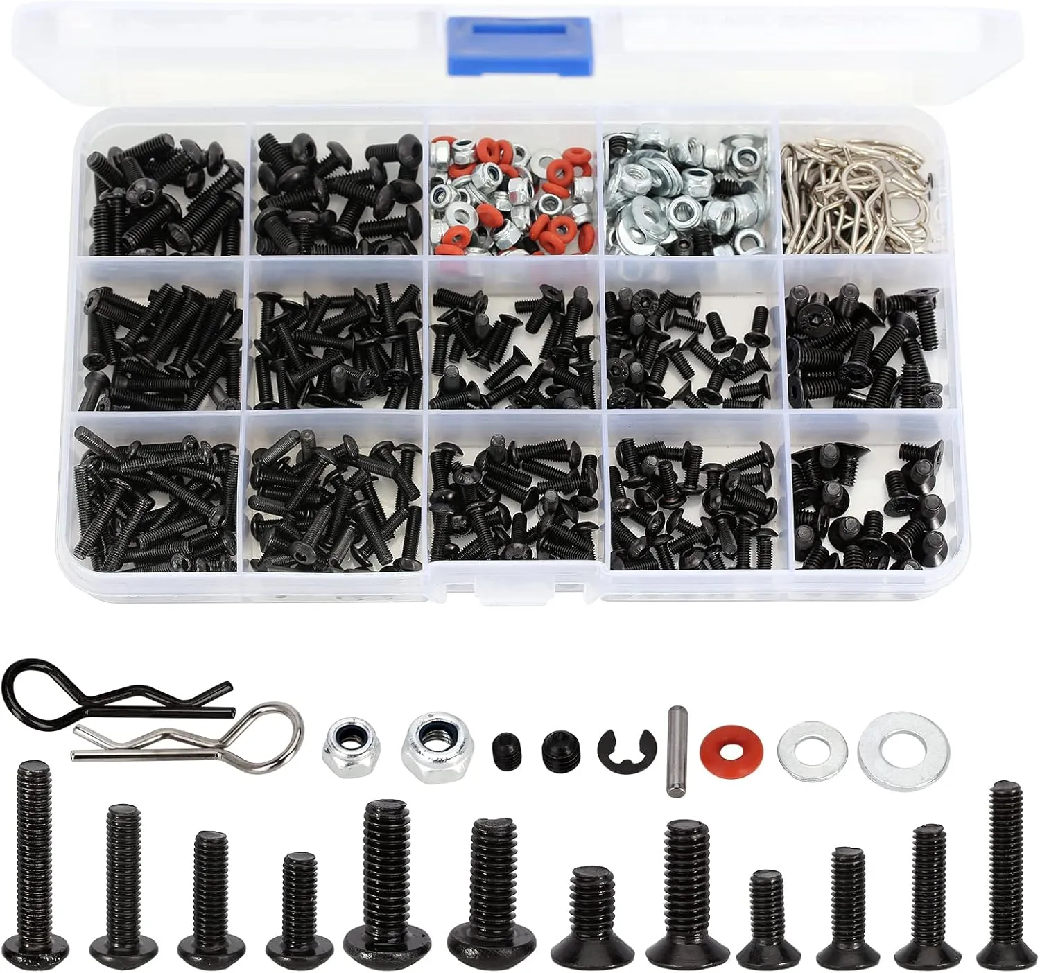 INJORA 600PCS RC Screws Kit, M3 M4 Screw Assortment Kit with Case, RC Car Repair Tool Kit Hardware Fastener for Traxxas Axial Arrma Redcat Racing 1/8 1/10 1/12 1/16 Scale RC Cars Trucks Crawler