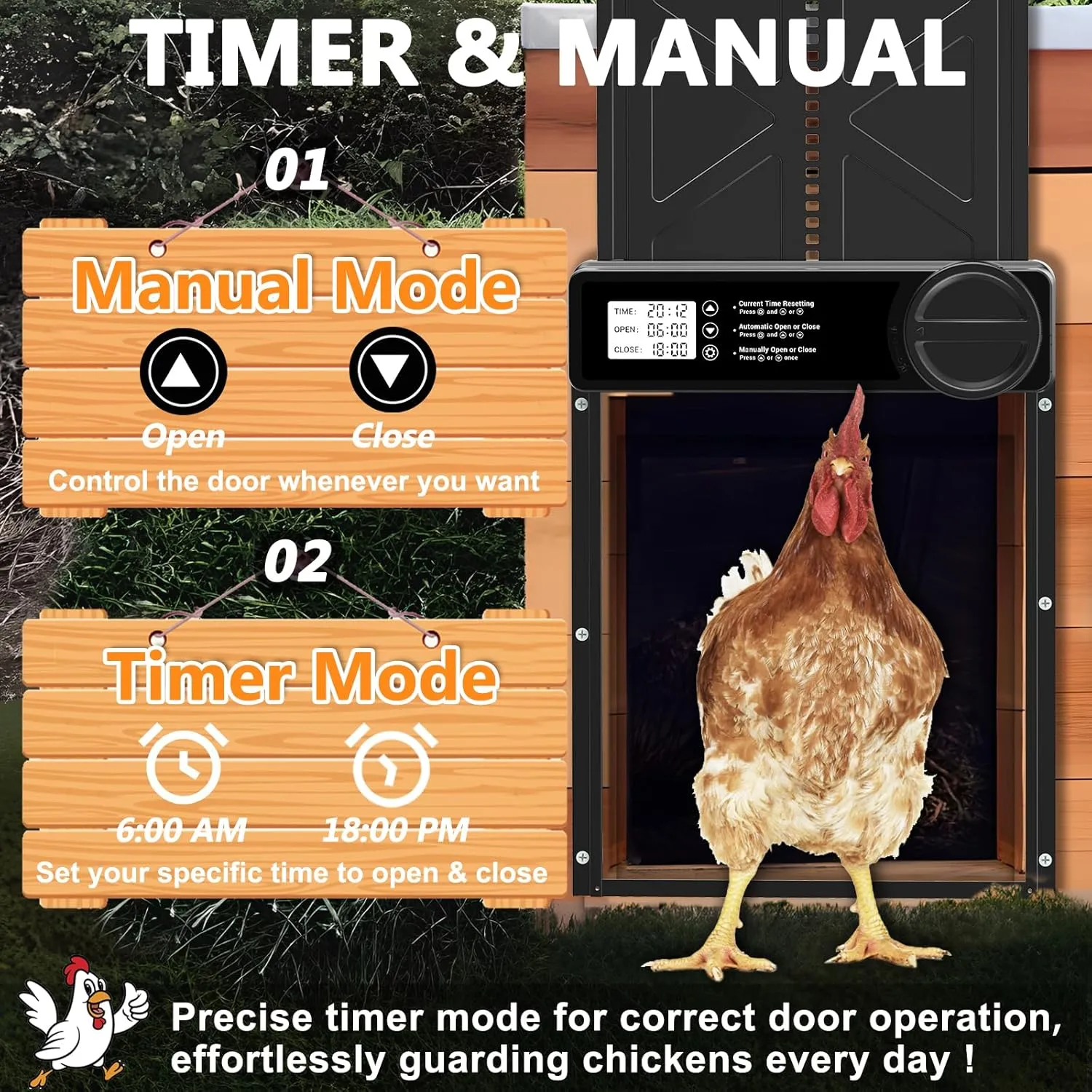 INNOLAND Automatic Chicken Coop Door - Large with Manual & Timer Mode, Automatic Chicken Door | Aluminum Alloy | Anti-Pinch | Large Programmable LCD Screen, Chicken Coop Door with Low Battery Warning