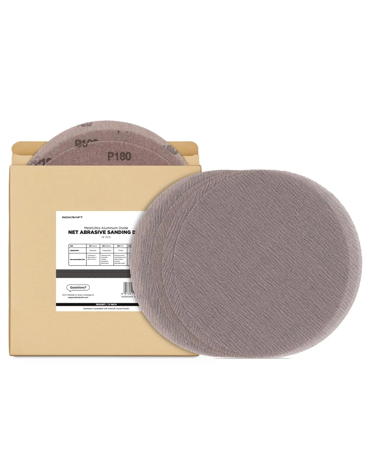 InoKraft Mesh Abrasive 9 inch Drywall Sander Sandpaper, Dust-Free Hook and Loop Drywall Sanding Disc (180 grit - 10pcs)