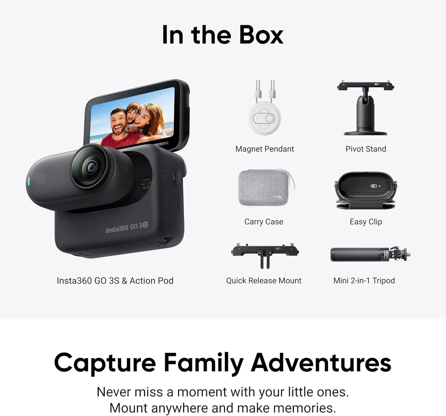 Insta360 GO 3S - 128 GB Family Bundle Black 4K Tiny Portable Vlogging Camera, Hands-Free POVs, Mount Anywhere, Stabilization, 140 Min Battery Life, 10m Waterproof, Pet POV