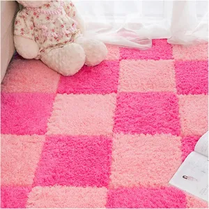 Interlocking Foam Play Mat - 16 Pcs Square Plush Puzzle Floor Tiles for Crawling, Fluffy Area Rugs, Perfect for Living Room and Bedroom，Pink Rose Red