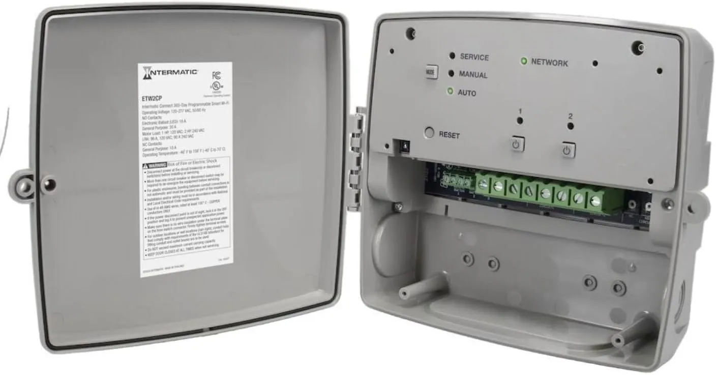 Intermatic ETW2CP Connect 365-Day Programmable Smart Wi-Fi Timer, 120-277 VAC, 2xSPDT, Indoor/Outdoor Plastic Enclosure