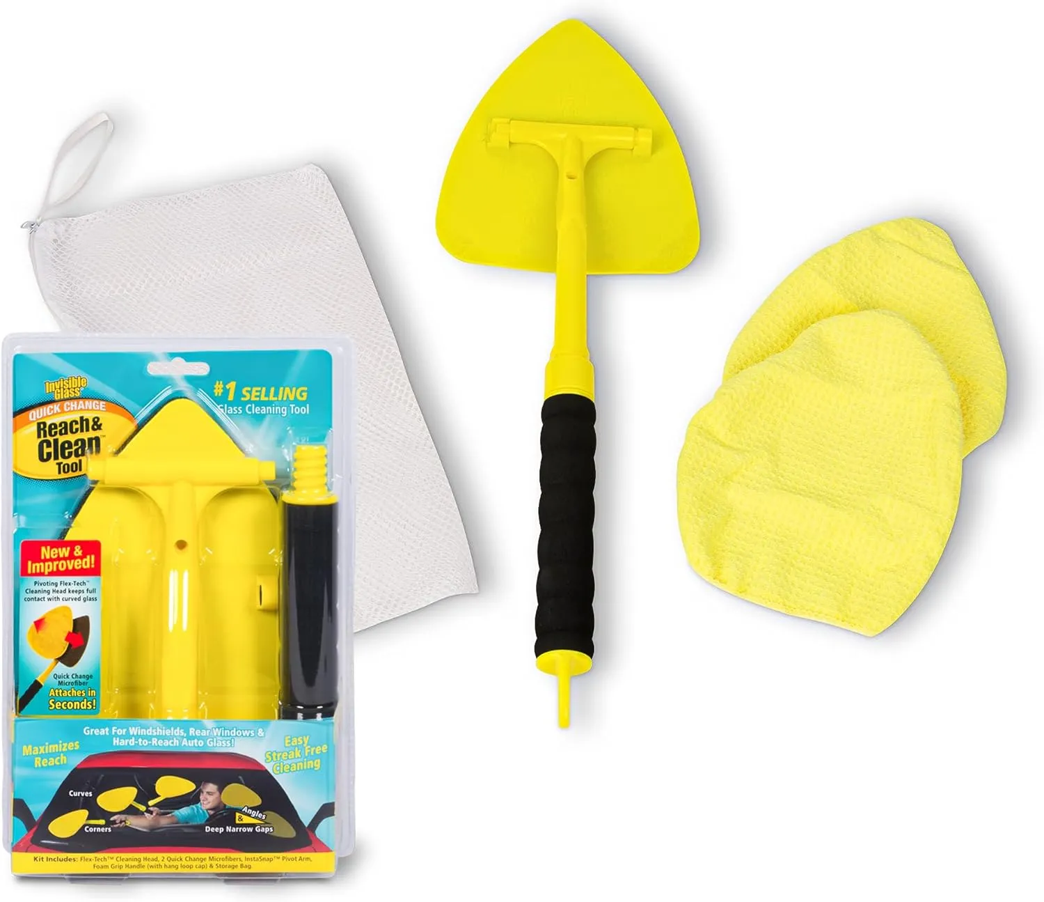 Invisible Glass 95160 Reach & Clean Glass Windshield Cleaner Tool Kit With Extendable Handle, (2) Reusable Quick Change Microfibers, and Storage Bag for Auto Windshield, Trucks, SUVs, RVs, and Windows
