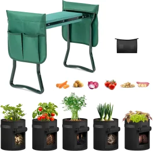 iPower 2-in-1 Garden Kneeler and Seat with 5 Pack 7 Gallon Potato Grow Bags, 2 Removable Tools Pouch and Soft Kneeling Pad, No Assembly, Portable Heavy Duty Garden Stool for Women Men Seniors