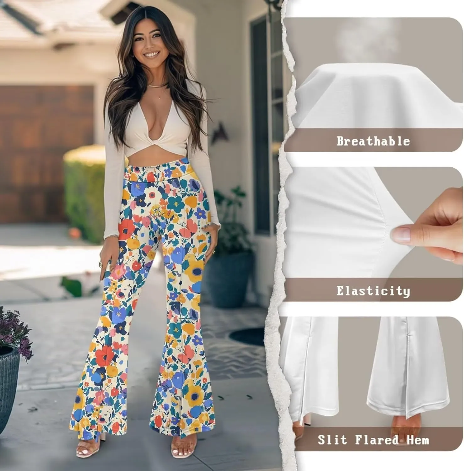 Irisjudy Women's Split Hem Long Pants Sugar Skull Bootcut Bell Bottoms Yoga Pants Jamaican Butterfly Exercise Gym Leggings
