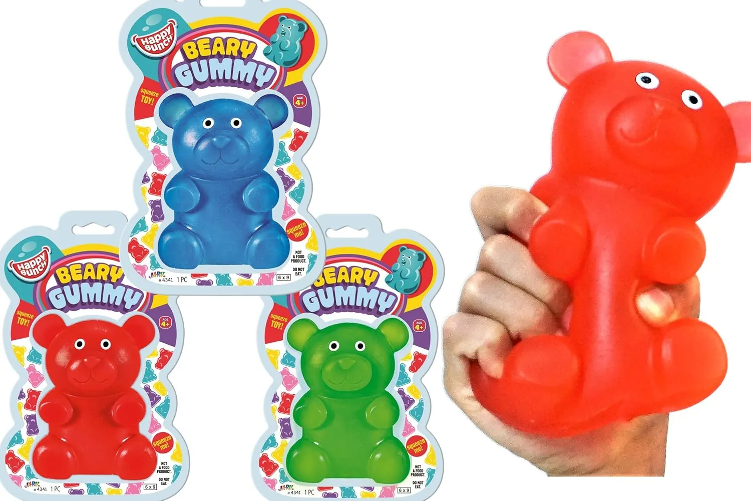 JA-RU Jumbo Squishy Gummy Bear Toy (3 Packs Assorted) Squeeze Stretchy Bear Stress Relief & Sensory Toy. Squishy Toys, Fidget Toys for Boys and Girls Great Party Favor Stuffer. Plus 1 Sticker 4341-3s