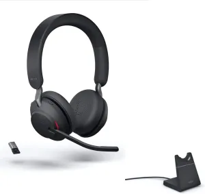 Jabra Evolve2 65 Wireless Headset USB Stereo MS w/Stand, Bluetooth Dongle, Compatible with Zoom, Webex, Skype, Smartphones, Tablets, PC/MAC, 26599-999-989, Global Teck Gold Support Plan Included