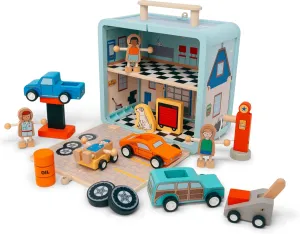 Jack Rabbit Creations Auto Garage Suitcase Playset 16 Eco-Friendly Wooden Figures- Travel Toys- Includes Mechanics, Cars, Lifts, Gas Pump, Oil, Lifts and Tires- Boys and Girls 3 