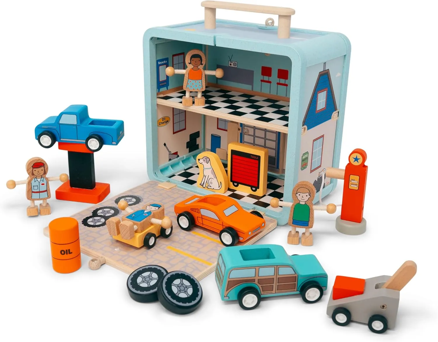 Jack Rabbit Creations Auto Garage Suitcase Playset 16 Eco-Friendly Wooden Figures- Travel Toys- Includes Mechanics, Cars, Lifts, Gas Pump, Oil, Lifts and Tires- Boys and Girls 3 