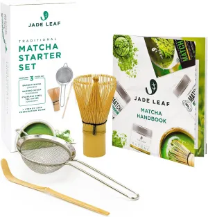 Jade Leaf Matcha Traditional Starter Set - Bamboo Matcha Whisk (Chasen), Scoop (Chashaku), Stainless Steel Sifter, Fully Printed Handbook - Japanese Tea Set