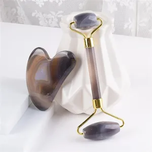Jade Roller Gua Sha Massage Set Natural Agate Gouache Stone Board Anti Aging Face Massager Skin Beauty Care Lifting Tool 1Set