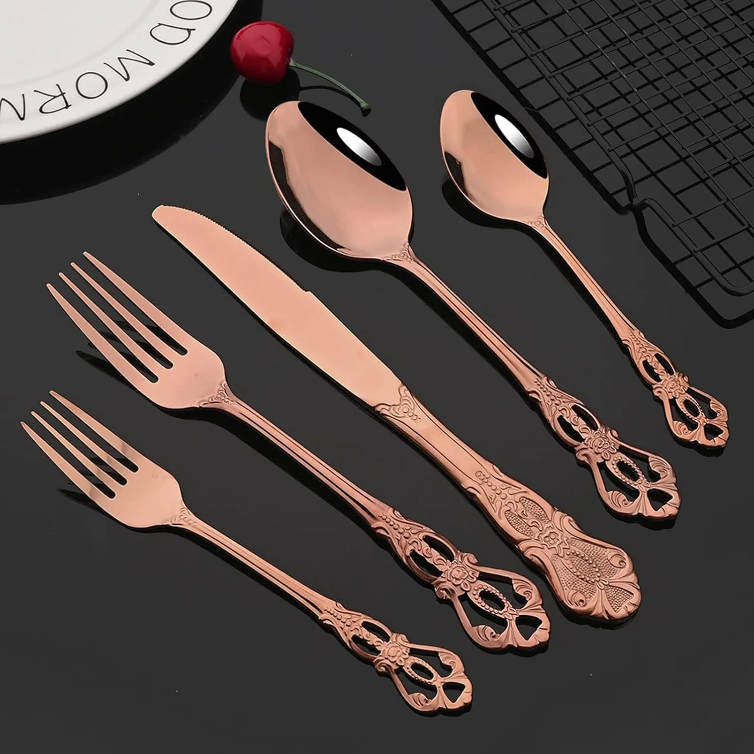 JASHII Creative Stainless Steel Flatware Service for 4, Luxury Retro Palace Utensils Tableware Set, Cutlery Set for Kitchen Dining Bar, Include Knife Fork Spoon, Mirror polished.- Rose Gold
