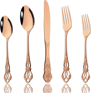 JASHII Creative Stainless Steel Flatware Service for 4, Luxury Retro Palace Utensils Tableware Set, Cutlery Set for Kitchen Dining Bar, Include Knife Fork Spoon, Mirror polished.- Rose Gold