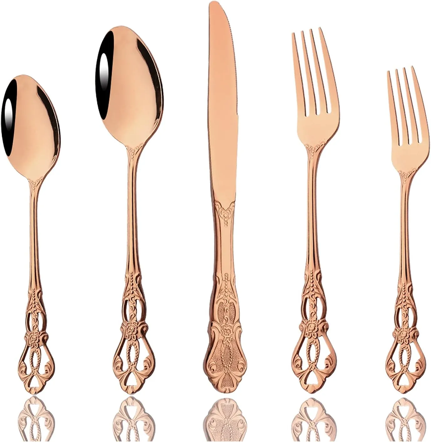 JASHII Creative Stainless Steel Flatware Service for 4, Luxury Retro Palace Utensils Tableware Set, Cutlery Set for Kitchen Dining Bar, Include Knife Fork Spoon, Mirror polished.- Rose Gold