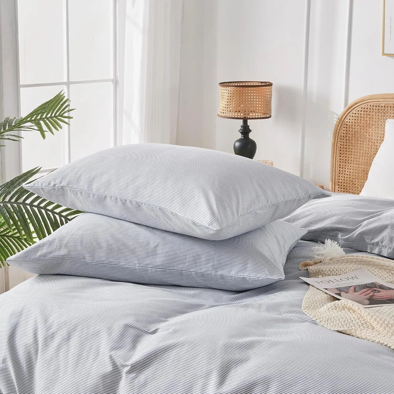 JELLYMONI 100% Natural Cotton 3pcs Striped Duvet Cover Sets,Blue Duvet Cover with Thin White Stripes Pattern Printed Comforter Cover,with Zipper Closure & Corner Ties(Queen Size)