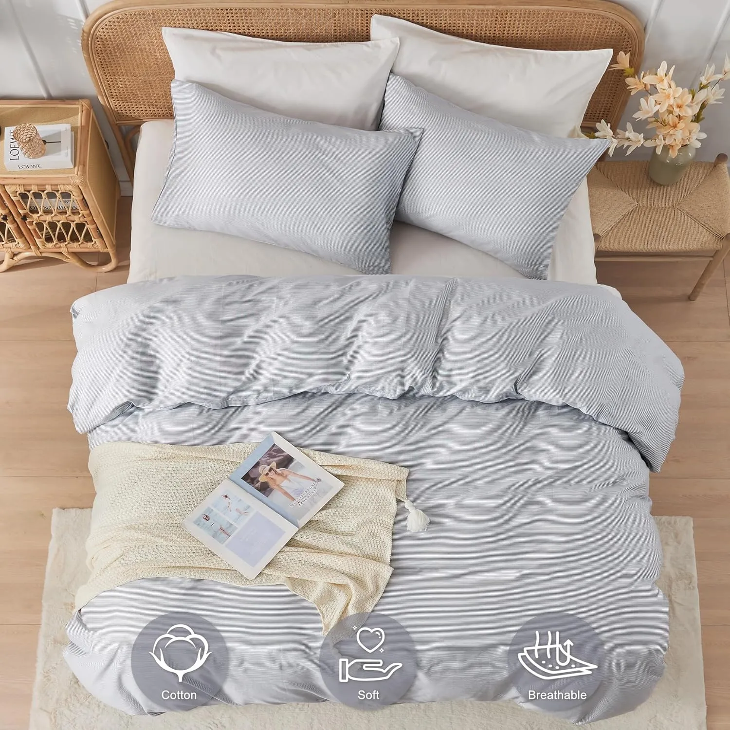 JELLYMONI 100% Natural Cotton 3pcs Striped Duvet Cover Sets,Blue Duvet Cover with Thin White Stripes Pattern Printed Comforter Cover,with Zipper Closure & Corner Ties(Queen Size)