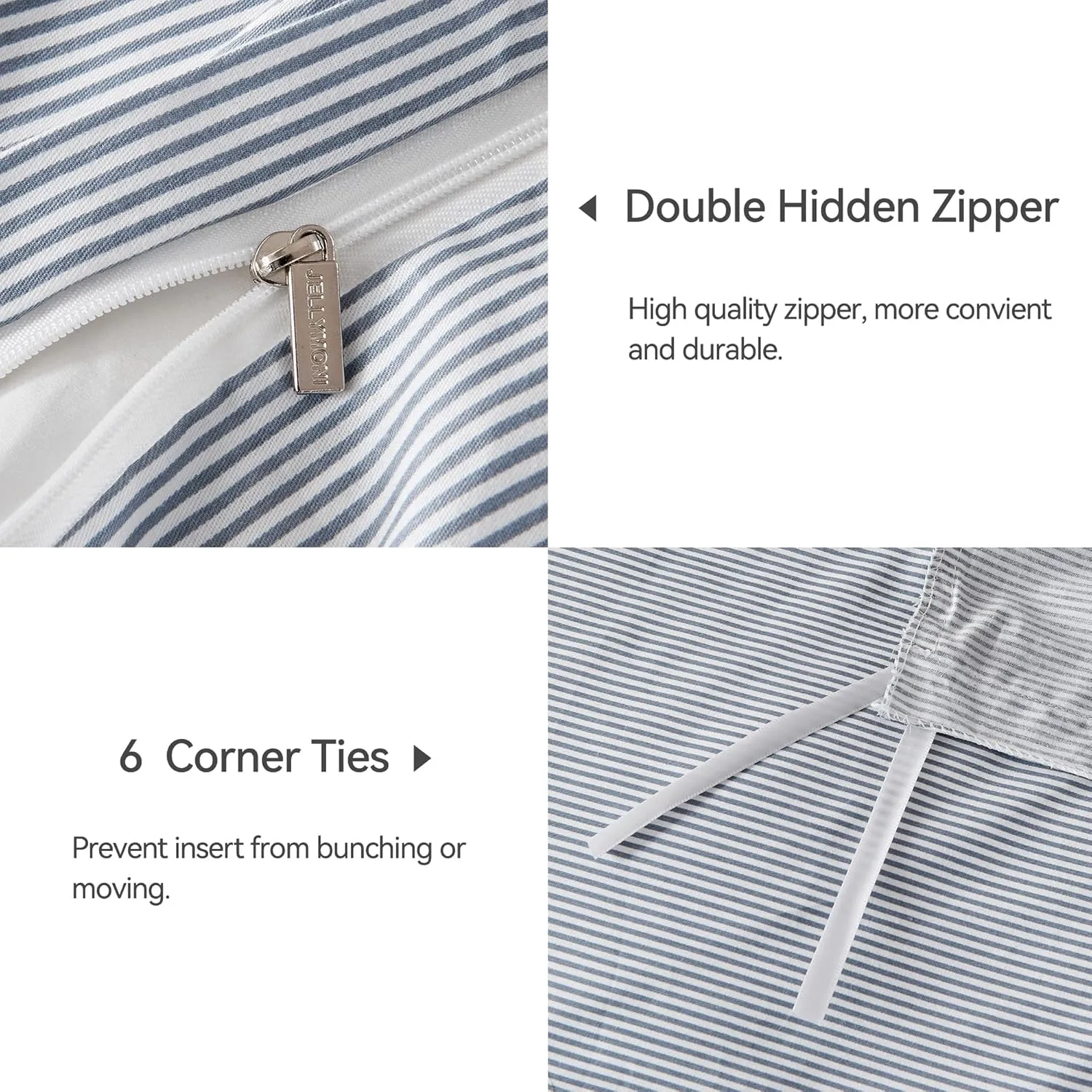 JELLYMONI 100% Natural Cotton 3pcs Striped Duvet Cover Sets,Blue Duvet Cover with Thin White Stripes Pattern Printed Comforter Cover,with Zipper Closure & Corner Ties(Queen Size)