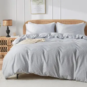 JELLYMONI 100% Natural Cotton 3pcs Striped Duvet Cover Sets,Blue Duvet Cover with Thin White Stripes Pattern Printed Comforter Cover,with Zipper Closure & Corner Ties(Queen Size)