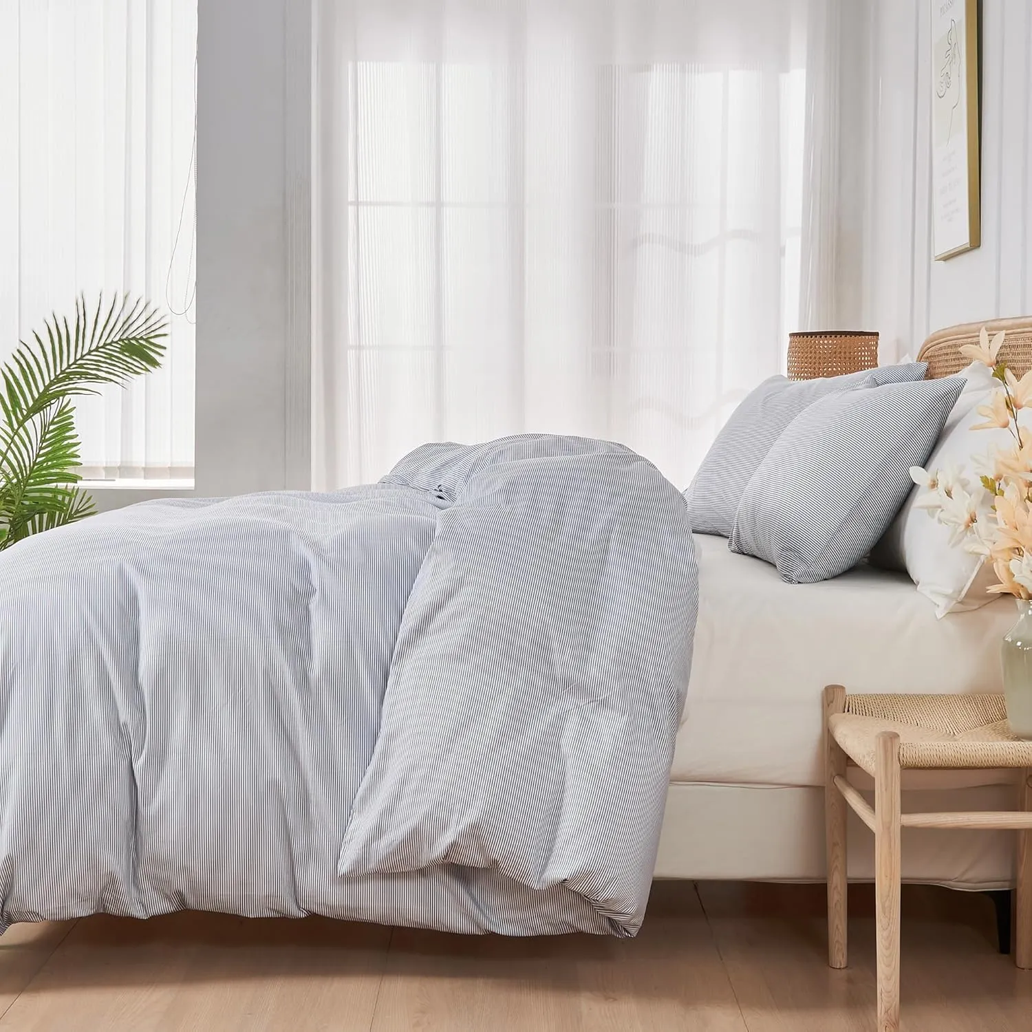 JELLYMONI 100% Natural Cotton 3pcs Striped Duvet Cover Sets,Blue Duvet Cover with Thin White Stripes Pattern Printed Comforter Cover,with Zipper Closure & Corner Ties(Queen Size)