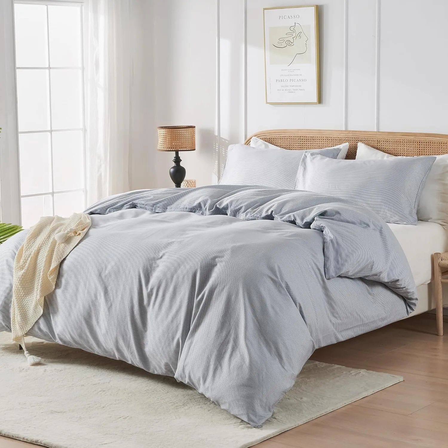 JELLYMONI 100% Natural Cotton 3pcs Striped Duvet Cover Sets,Blue Duvet Cover with Thin White Stripes Pattern Printed Comforter Cover,with Zipper Closure & Corner Ties(Queen Size)