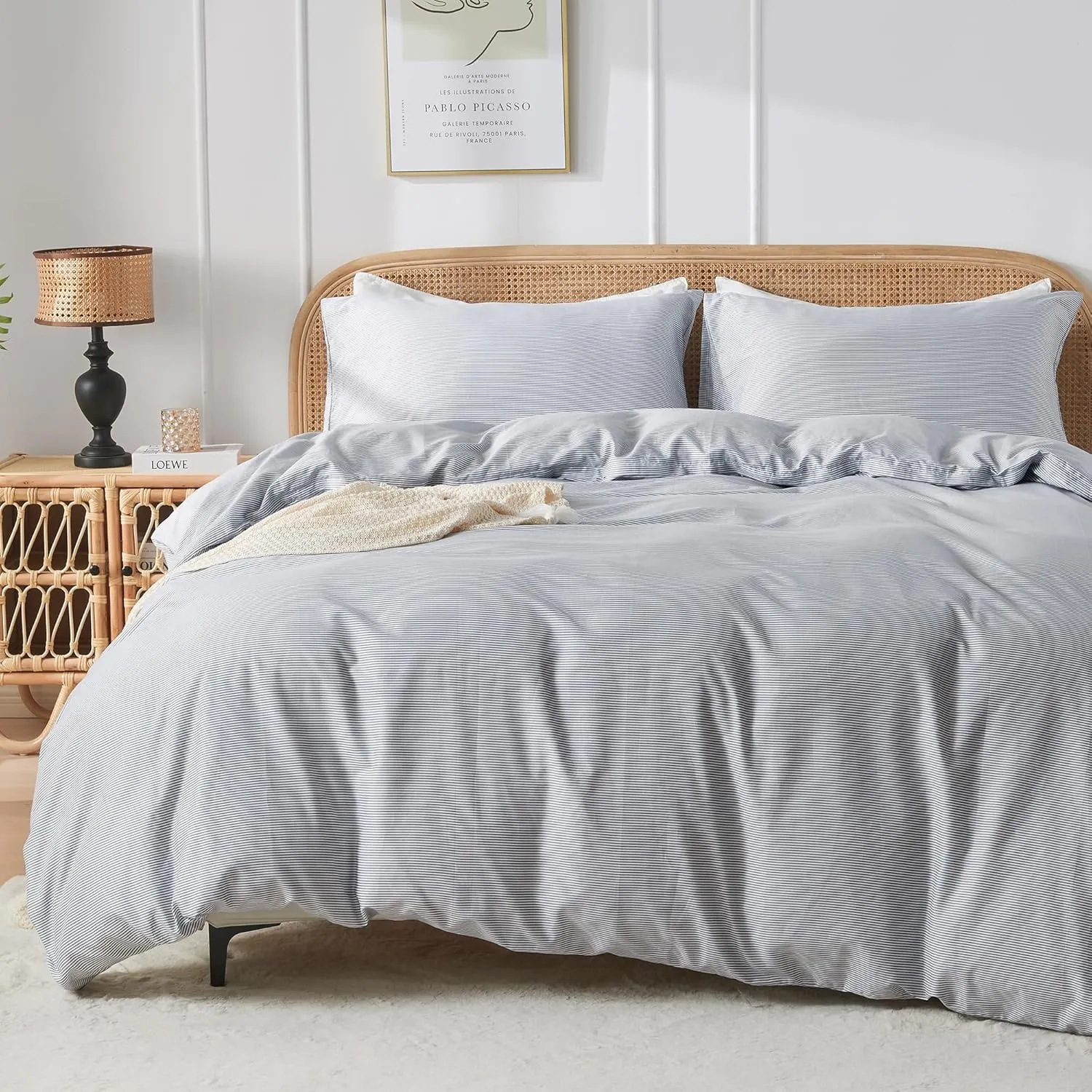 JELLYMONI 100% Natural Cotton 3pcs Striped Duvet Cover Sets,Blue Duvet Cover with Thin White Stripes Pattern Printed Comforter Cover,with Zipper Closure & Corner Ties(Queen Size)