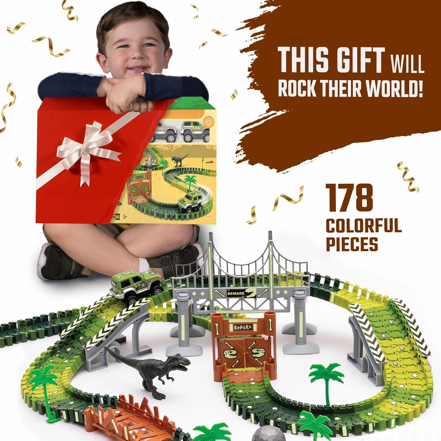 JITTERYGIT Dinosaur Jurassic Race Track Train Glow in The Dark World Toy Set, Kids Dino Racetrack Park Includes T-Rex & Triceratops Playset - Best Birthday Gift for Boys & Girls 3 4 5 6 7 8 Year Old