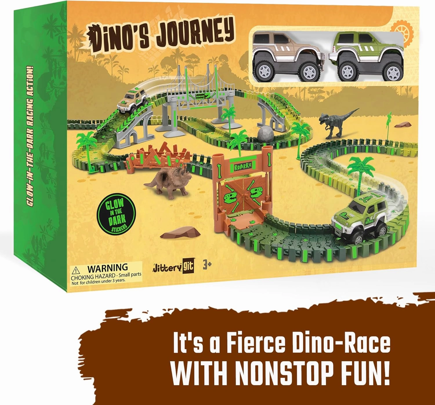 JITTERYGIT Dinosaur Jurassic Race Track Train Glow in The Dark World Toy Set, Kids Dino Racetrack Park Includes T-Rex & Triceratops Playset - Best Birthday Gift for Boys & Girls 3 4 5 6 7 8 Year Old
