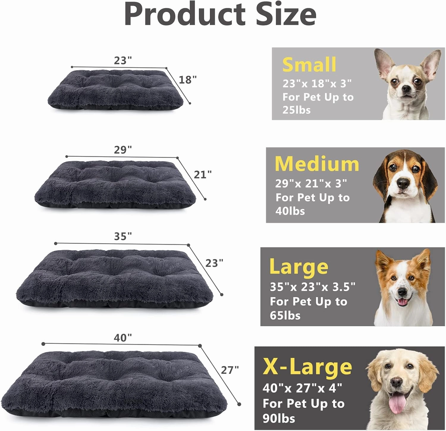 JOEJOY Large Dog Bed Crate Pad, Deluxe Plush Washable Dog Beds Fulffy Soft Kennel Pad Anti-Slip Pet Sleeping Mat for Extra Large Medium Small Dogs, 40" x 27", Grey