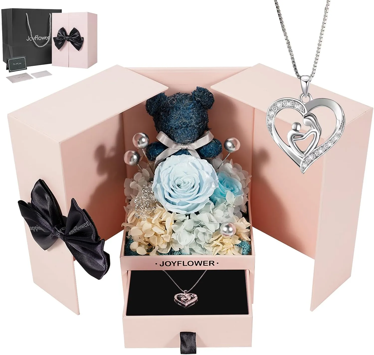 JoyFlower Preserved Flowers with Necklace Gifts for Mom, Unique Pearl Rose Eternal Flower Bear with Necklace Gift for Grandma, Preserved Real Blue Roses Birthday for Mother Grandma
