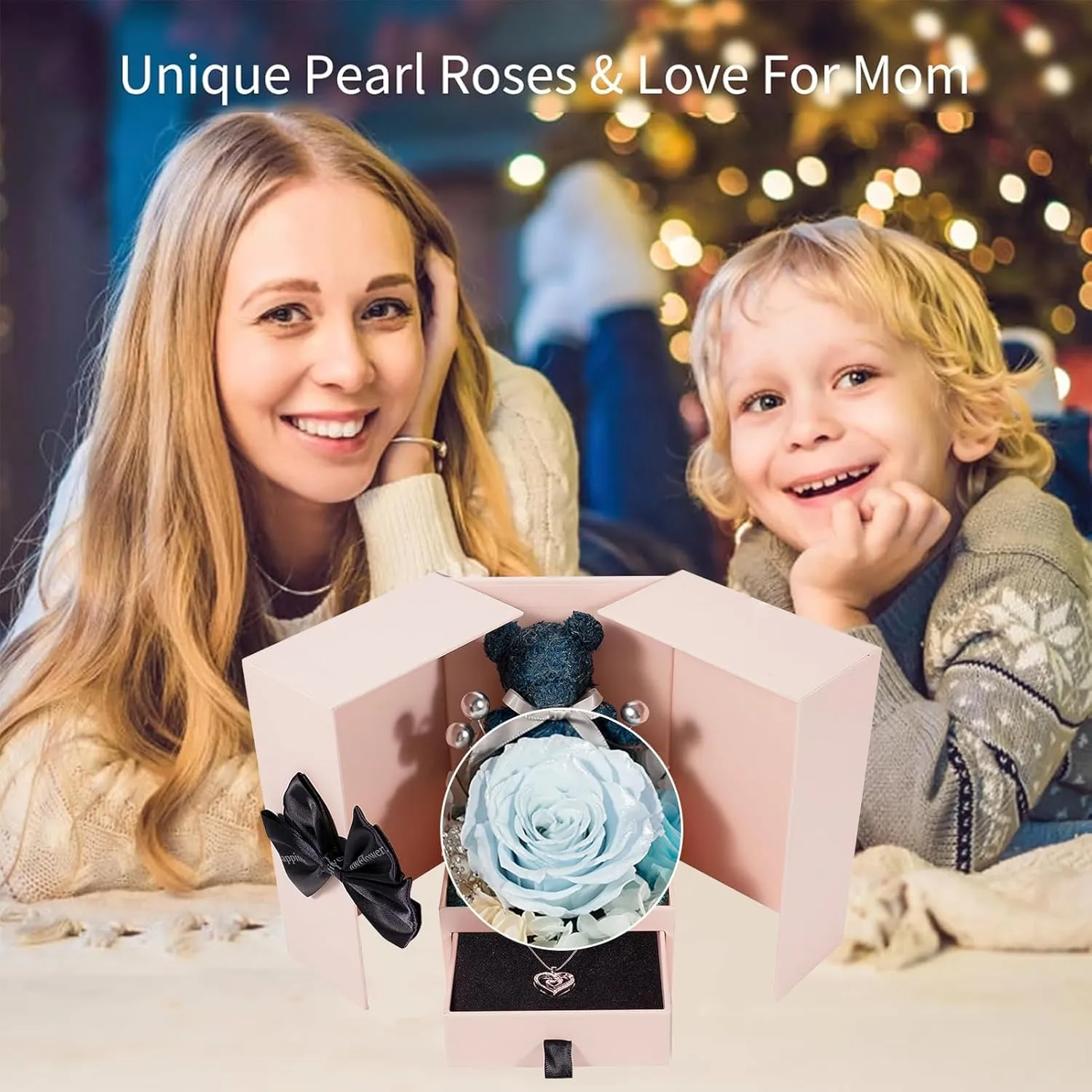 JoyFlower Preserved Flowers with Necklace Gifts for Mom, Unique Pearl Rose Eternal Flower Bear with Necklace Gift for Grandma, Preserved Real Blue Roses Birthday for Mother Grandma