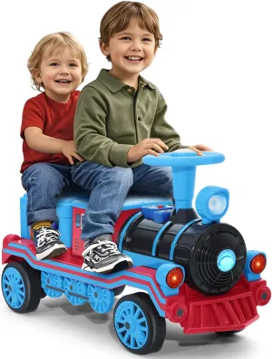 JOYLDIAS 2 Seater Ride On Train, 12V Kids Ride On Toy with Music, Train Honk, Lights, High/Low Speed and Storage, Electric Car for Kids Aged 3 , Blue