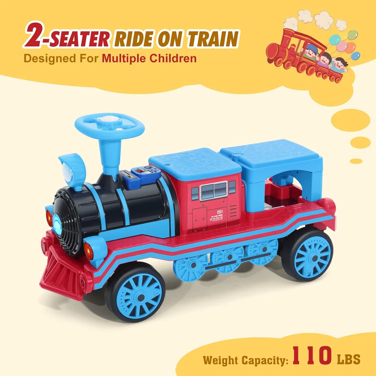 JOYLDIAS 2 Seater Ride On Train, 12V Kids Ride On Toy with Music, Train Honk, Lights, High/Low Speed and Storage, Electric Car for Kids Aged 3 , Blue