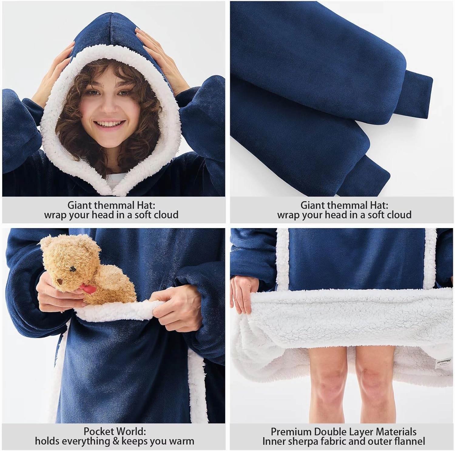 JOYWOO Navy Wearable Blanket Hoodie,Oversized Cat Lovers Sweatshirt Blanket for Adult, Birthday Gifts for Women,Mom,Men,Cozy Fuzzy Sherpa Hooded Blanket with Giant Pocket and Winter Gifts,Standard