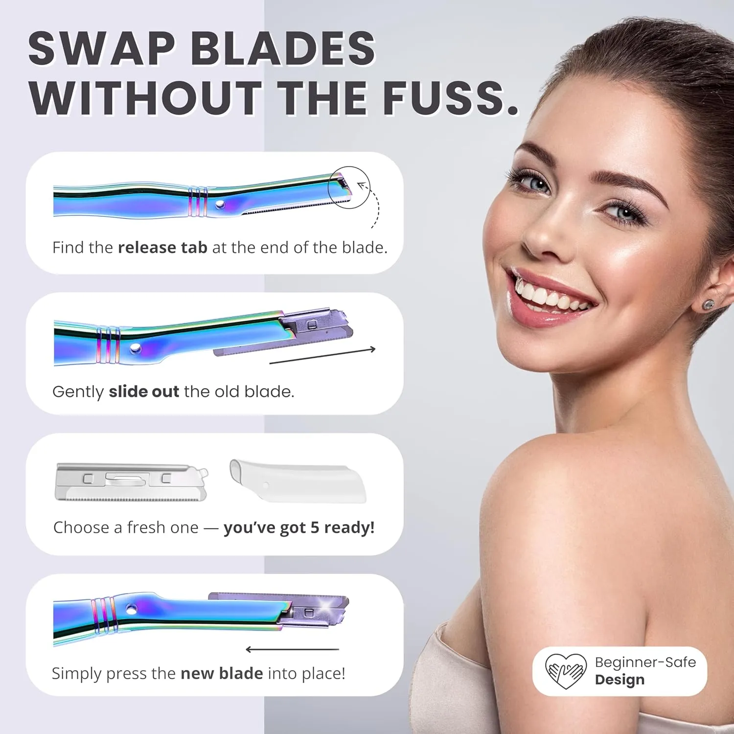 Jungle Culture Dermaplaning Tool – Facial Razor for Women with 5 Refill Blades – Reusable Eyebrow Shaper & Exfoliator – Rainbow