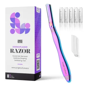 Jungle Culture Dermaplaning Tool – Facial Razor for Women with 5 Refill Blades – Reusable Eyebrow Shaper & Exfoliator – Rainbow