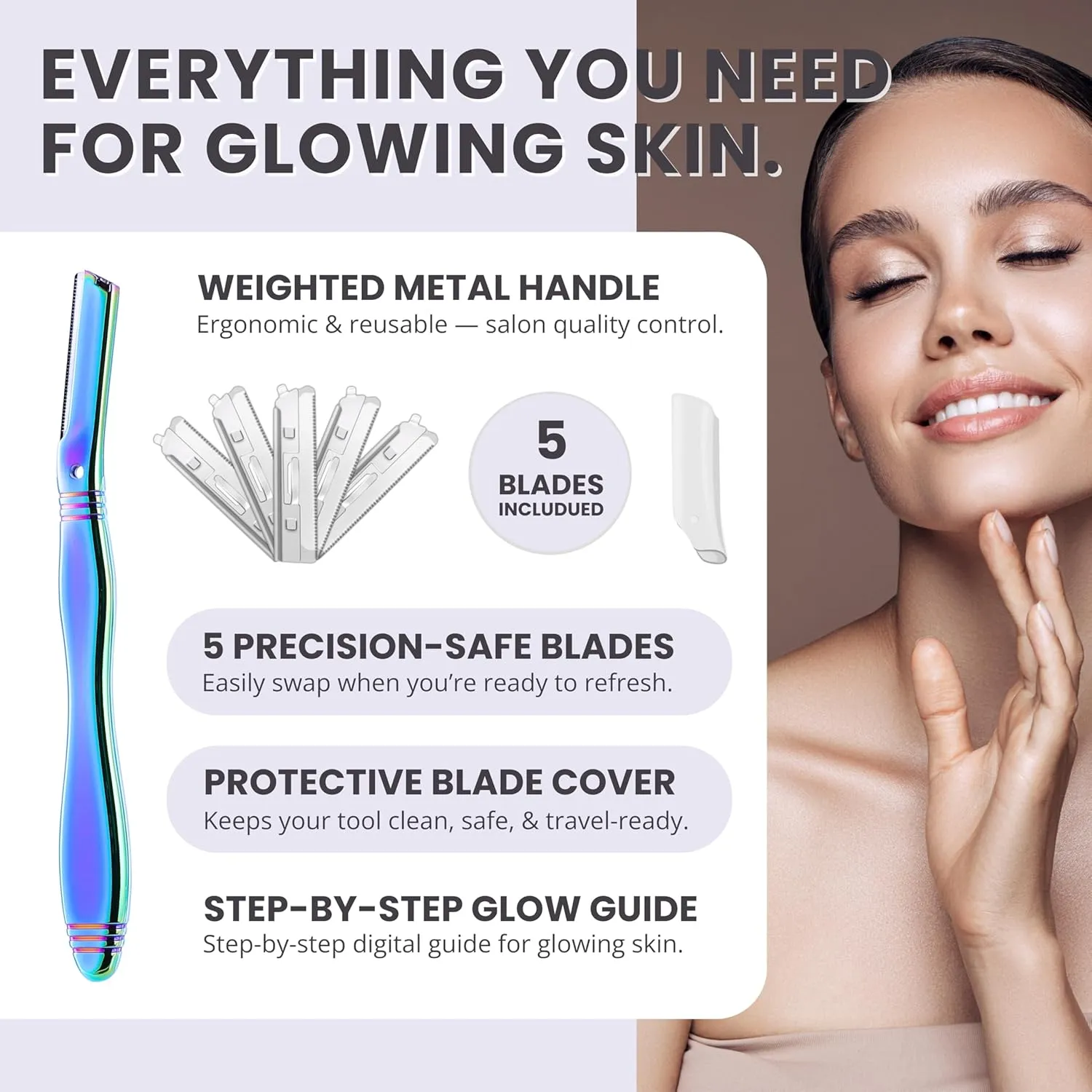 Jungle Culture Dermaplaning Tool – Facial Razor for Women with 5 Refill Blades – Reusable Eyebrow Shaper & Exfoliator – Rainbow