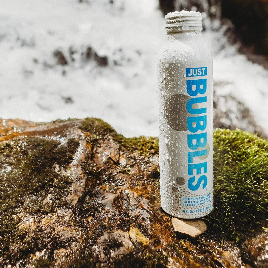 JUST Bubbles - Pure Premium Sparkling Spring Water in a Fully Recyclable Reusable Eco-Friendly Bottle - 100% Mountain-Sourced Carbonated Water with Naturally Occurring Minerals, 16 Fl Oz (Pack of 12)