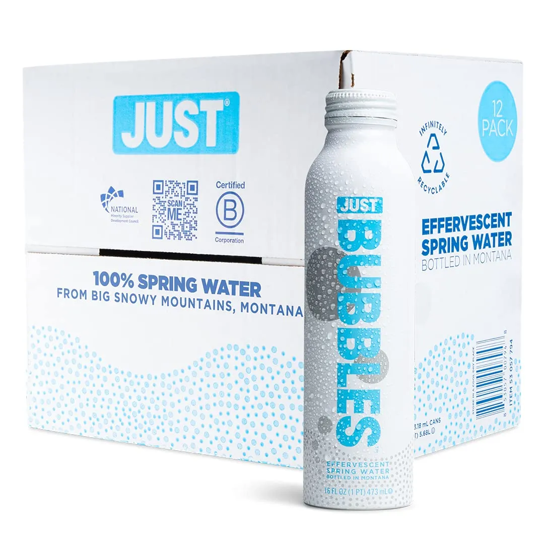 JUST Bubbles - Pure Premium Sparkling Spring Water in a Fully Recyclable Reusable Eco-Friendly Bottle - 100% Mountain-Sourced Carbonated Water with Naturally Occurring Minerals, 16 Fl Oz (Pack of 12)