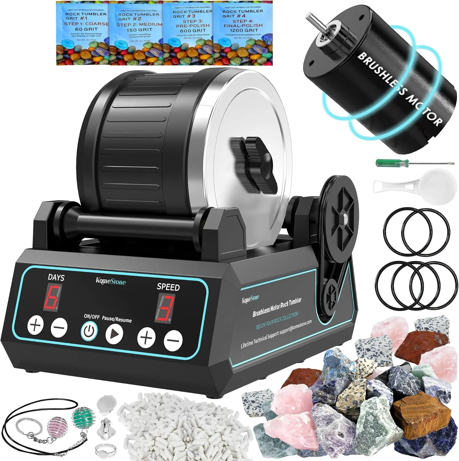 K1 Pro Professional Cutting-Edge Brushless Motor Advanced Rock Tumbler Polisher Kit, Extra Large 2.5Lb Barrel with 3-Speed Motor 9-Day Timer, 6 Belts, Rough Gemstones, 4 Polishing Grits etc.