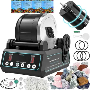 K1 Pro Professional Cutting-Edge Brushless Motor Advanced Rock Tumbler Polisher Kit, Extra Large 2.5Lb Barrel with 3-Speed Motor 9-Day Timer, 6 Belts, Rough Gemstones, 4 Polishing Grits etc.