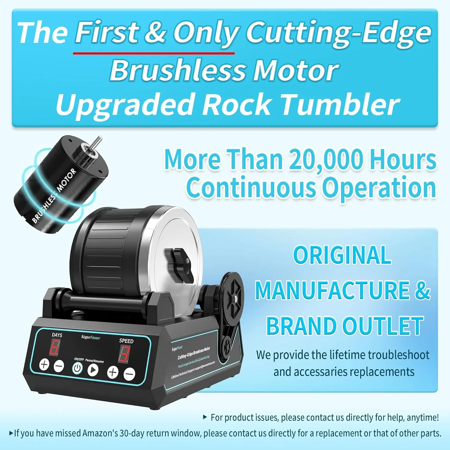 K1 Pro Professional Cutting-Edge Brushless Motor Advanced Rock Tumbler Polisher Kit, Extra Large 2.5Lb Barrel with 3-Speed Motor 9-Day Timer, 6 Belts, Rough Gemstones, 4 Polishing Grits etc.