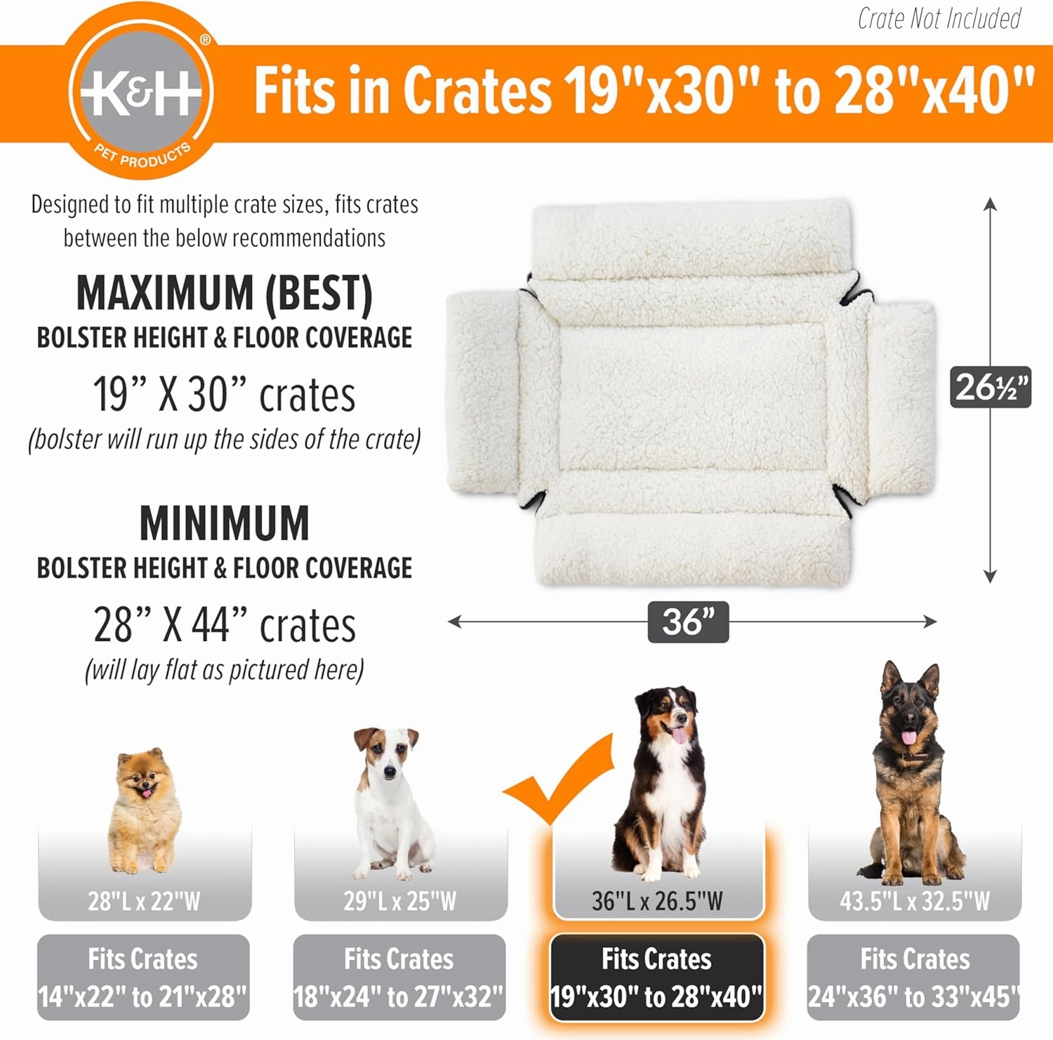 K&H Pet Products Ultra Plush Deluxe Bolster Dog Crate Pad, Dog Bed for Large Crates, Kennels, and Cages, Soft Indoor Portable Machine Washable Pet Mat - Fleece Large