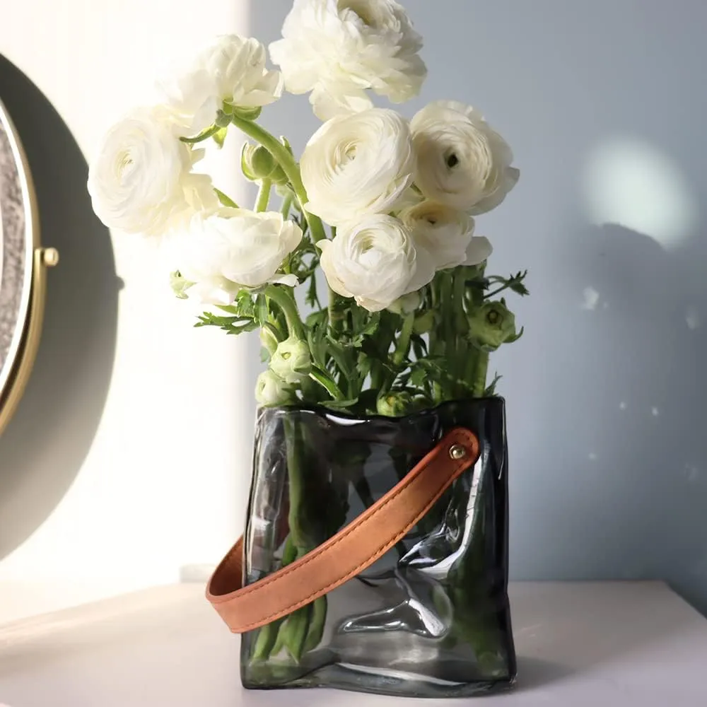 Kaitnax Handbag Shape Glass Flower Vase Thickened Glass Clear Vase for Home Décor Bookshelf Tabletop Indoor Office Desk Bathroom