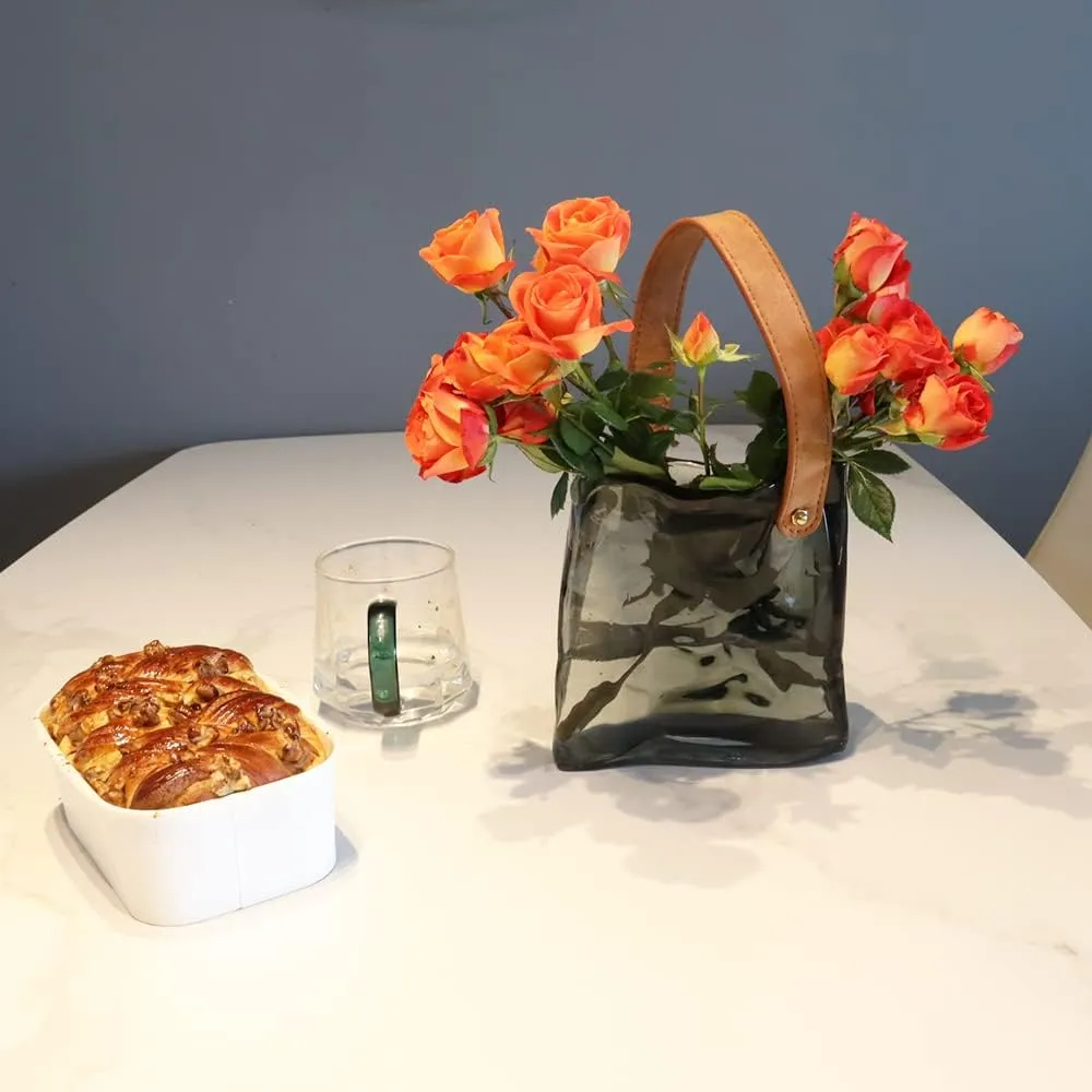 Kaitnax Handbag Shape Glass Flower Vase Thickened Glass Clear Vase for Home Décor Bookshelf Tabletop Indoor Office Desk Bathroom