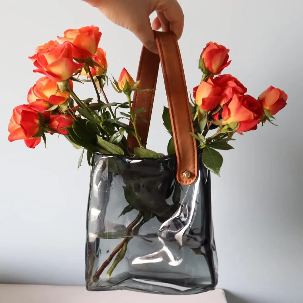Kaitnax Handbag Shape Glass Flower Vase Thickened Glass Clear Vase for Home Décor Bookshelf Tabletop Indoor Office Desk Bathroom